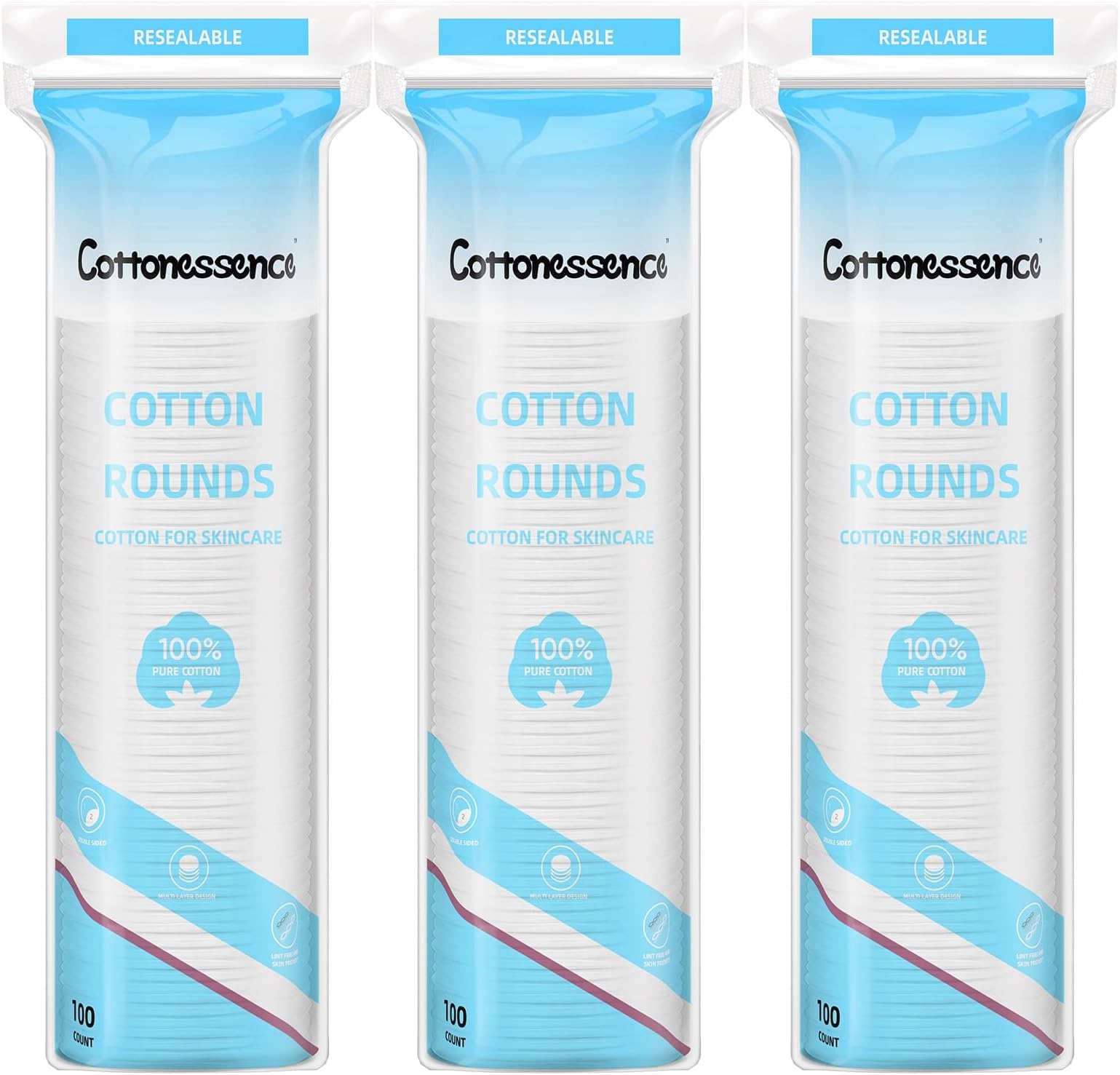 Cotton Rounds for Facial Cleansing and Nail Polish Removal - 100% Pure Cotton, Hypoallergenic Makeup Remover Pads, Lint-Free Multi-Layer Design (100 Count, Pack of 3)