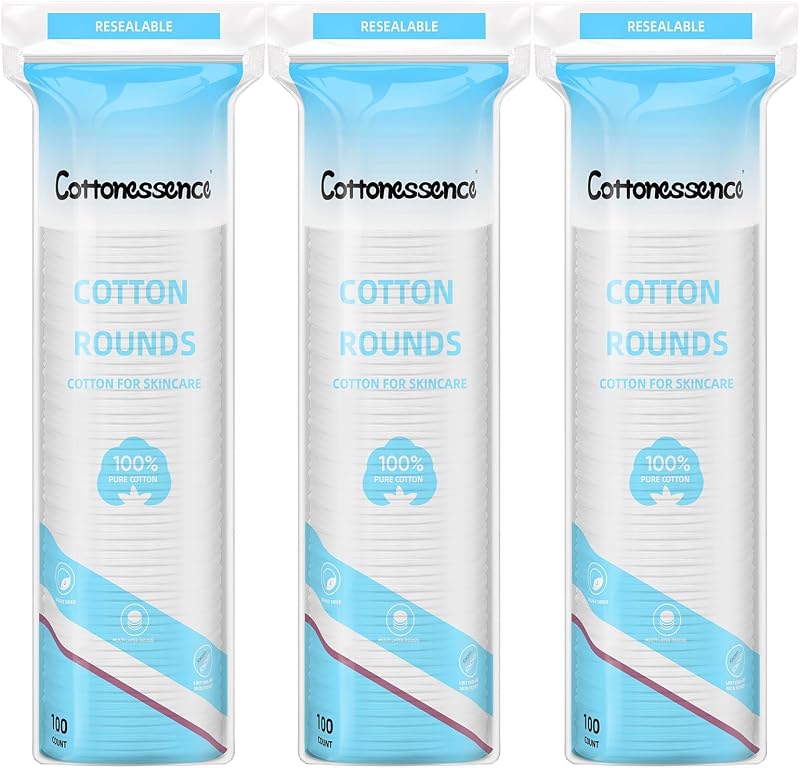 Discos de Algodão Cottonessence para Limpeza Facial e Remoção de Esmalte, 100% Algodão, 3 Camadas, 3 Pacotes com 100 Unidades