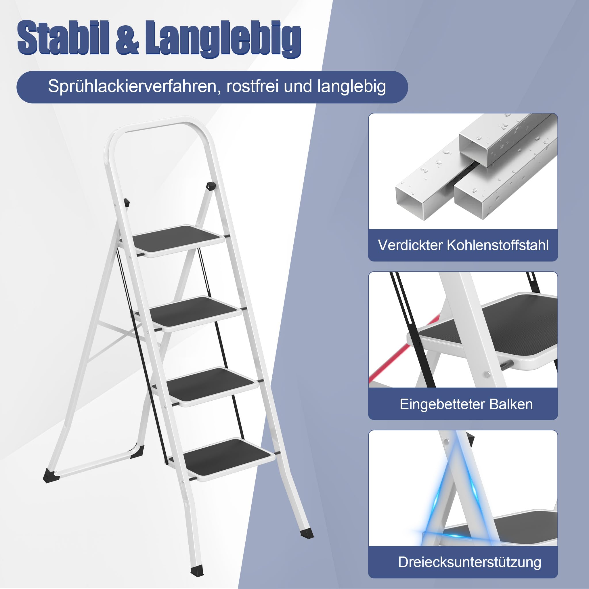 Trittleiter 4 Stufen klappbar Stehleiter Metall stabil