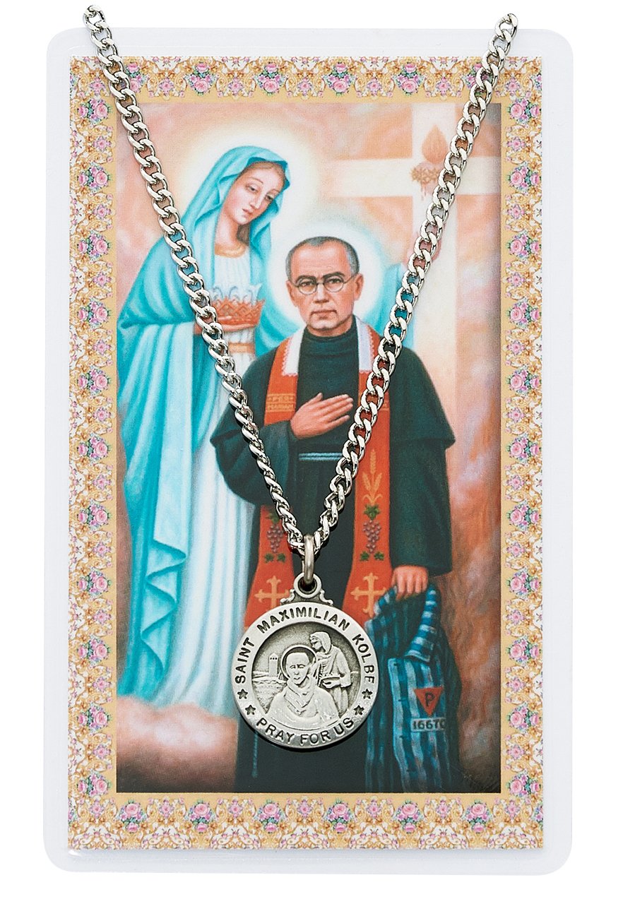 McVanPewter Pendant with Prayer Card St. Maximilian Kolbe Round
