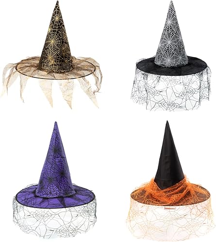 CHOIEO 4 sombreros de bruja de Halloween para mujer, velos de encaje puntiagudos impresos, accesorios de disfraz de Halloween, accesorios para la