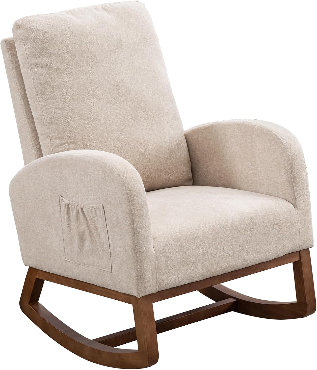 27.2" W Rocking Chair for Nursery, Polyester Glider Chair with High Back and Side Pocket, Rocking Accent Armchair with Rubber Legs for Living Room/Bedroom.Beige