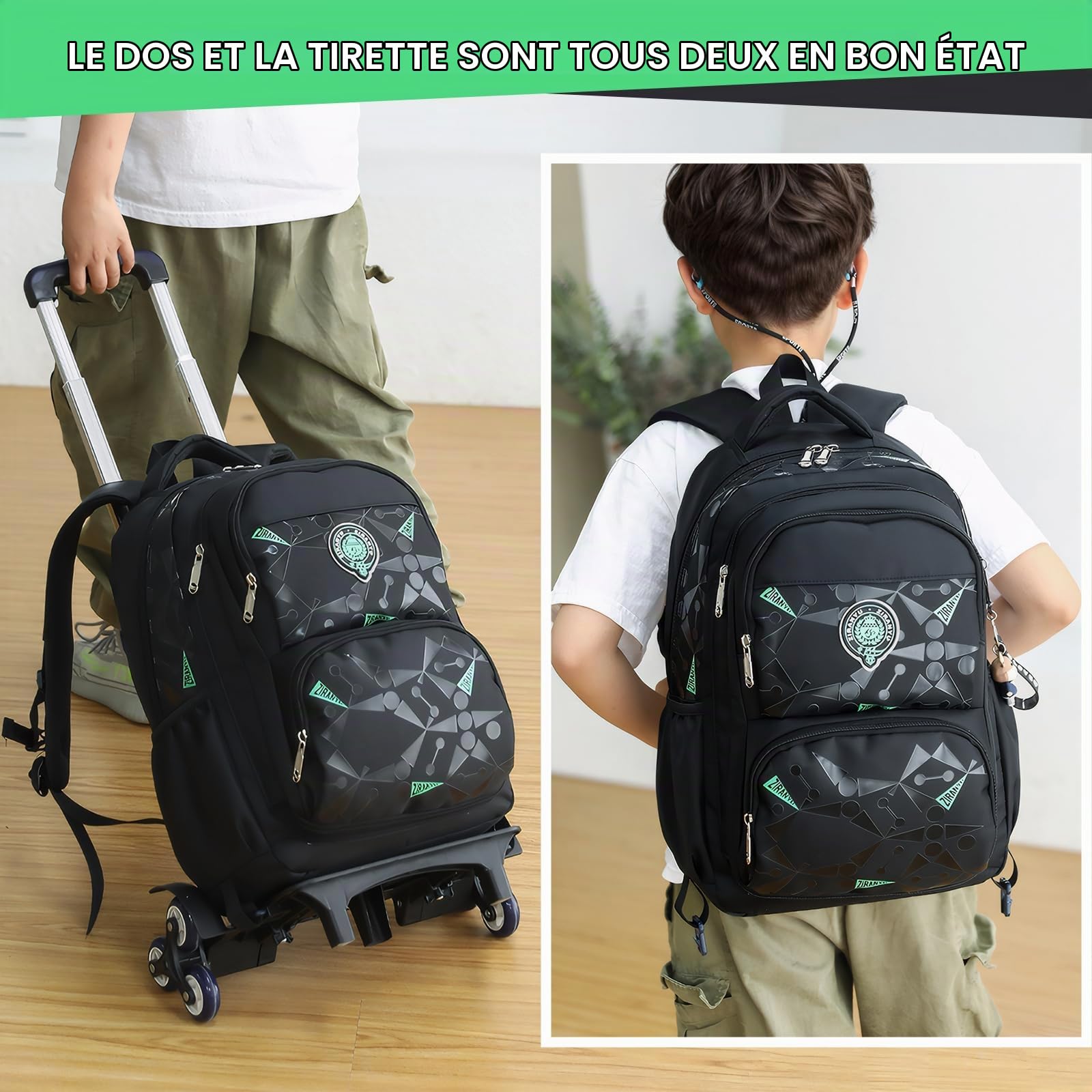 Amythe Sac à Dos à Roulette pour Garçons Cartable Primaire avec Chariot pour l'école ou les Voyages D'agrément, Sac D'école Garçon 6 à 12 ans, Noir