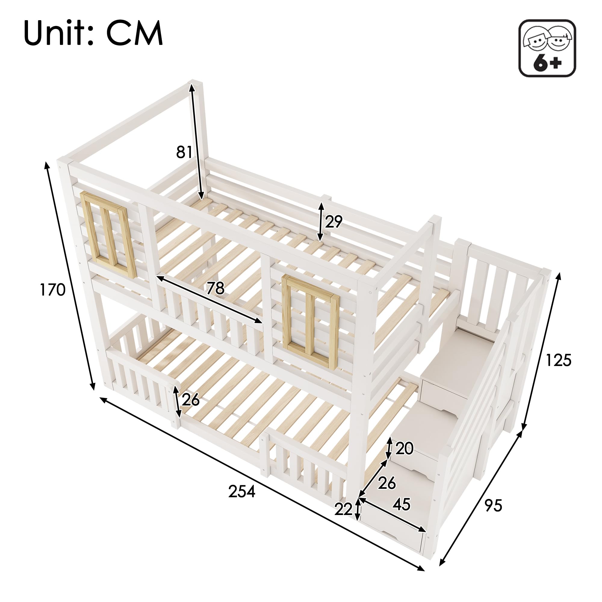 Etagenbett 90x200 cm mit Treppe Stauraum und Fenster, Kinderbett mit Geländer, Hochbett mit Weiß im Hüttenstil, Stauraumbett, Holzbett, Weiß-D(Ohne Matratze)