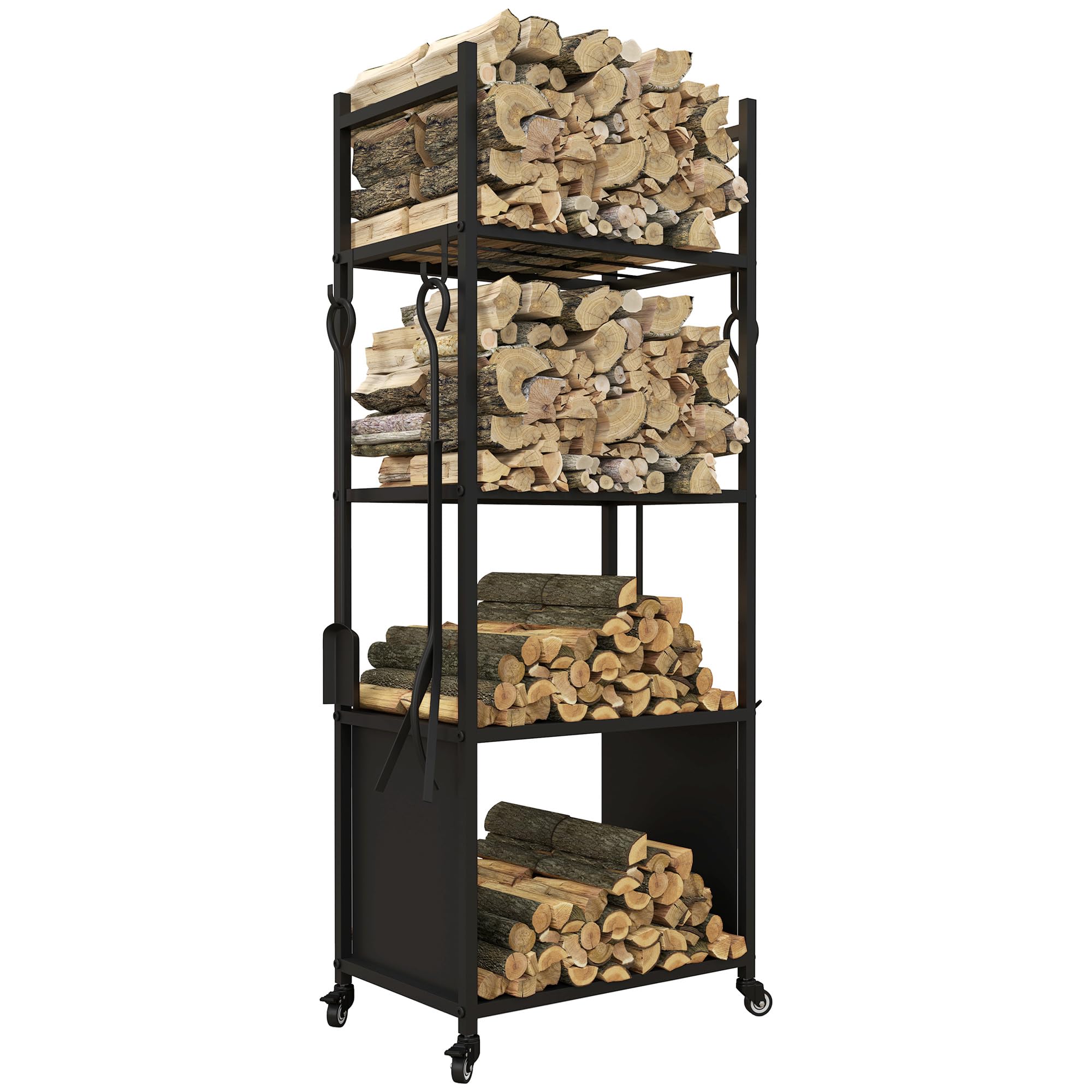 Outsunny Leñero con Ruedas Soporte para Leña de 4 Niveles Estante de Leña con Pala Atizador Cepillo Tenazas para Interior y Exterior 45x30x118 cm Negro