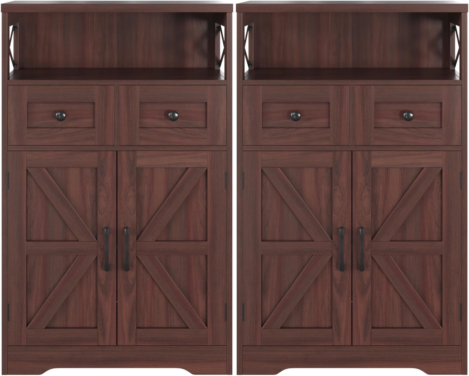 Set of 2 Dark Brown Storage Cabinet with Drawers and Shelves, Standing Kitchen Pantry Cabinet, Floor Storage Cabinet Hutch Cupboard, Coffee Bar Station for Dining Living Room Home Office