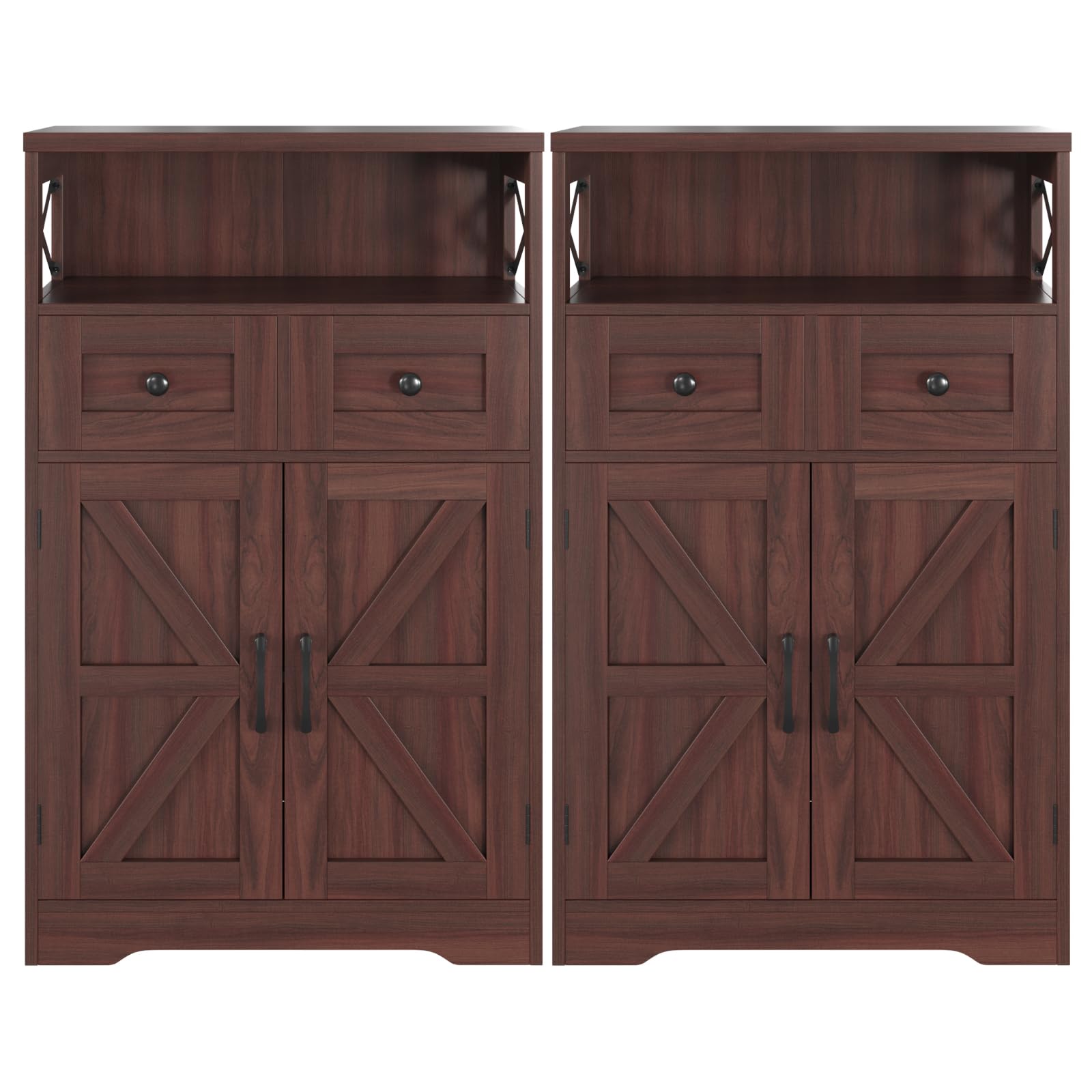 Set of 2 Dark Brown Storage Cabinet with Drawers and Shelves, Standing Kitchen Pantry Cabinet, Floor Storage Cabinet Hutch Cupboard, Coffee Bar Station for Dining Living Room Home Office