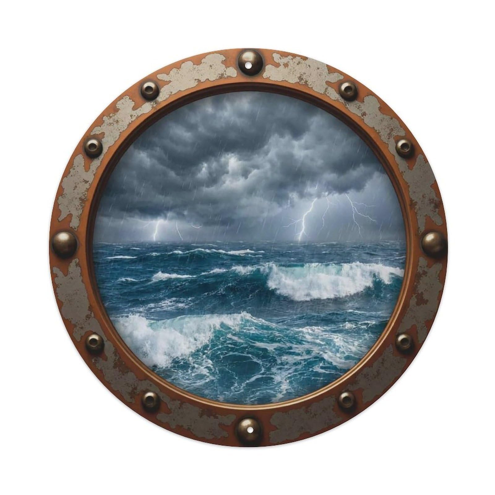 Vintage Porthole Stormy Waves Nautical Window View Vintage Metal Tin Sign Plaque Wall Decor for Cafe, Club Bar, Office, Garden Metal Poster 8x8Inch