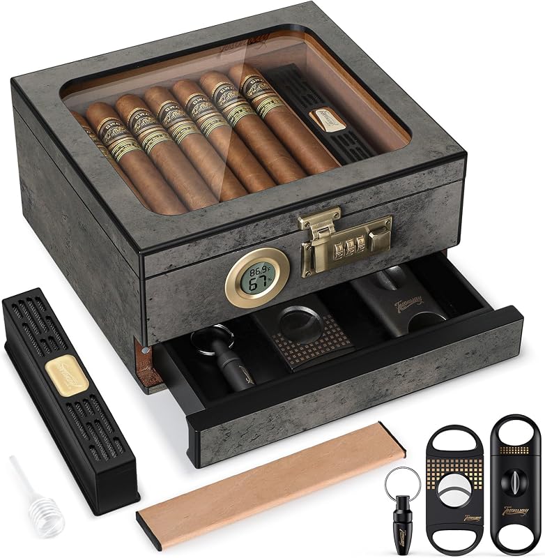 Tesonway Cigar Humidor,Cedar Wood Humidor Cigar Box,Glass Top Desktop Humidor with Digital Thermo-Hygrometer, Humidifier, Divider, Accessories Drawer and Combination Lock,Cigar Gift for Men