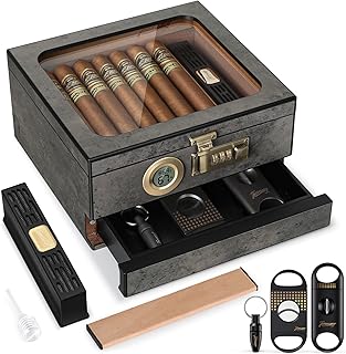 Cigar Humidor,Cedar Wood Humidor Cigar Box,Glass Top Desktop Humidor with Digital Thermo-Hygrometer, Humidifier, Divider, Accessories Drawer and Combination Lock,Cigar Gift for Men