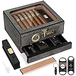 Tesonway Cigar Humidor,Cedar Wood Humidor Cigar Box,Glass Top Desktop Humidor with Digital Thermo-Hygrometer, Humidifier, Divider, Accessories Drawer and Combination Lock,Cigar Gift for Men