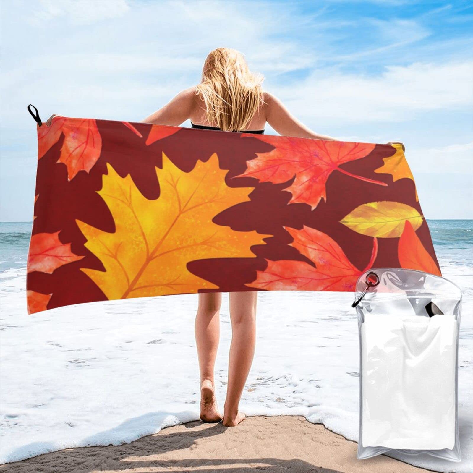Lawenp Fall Maple Leaves Microfiber Beach Towel Adults Large Quick Drying Bath Towel Travel Towels with Pouch 27.5"x55"