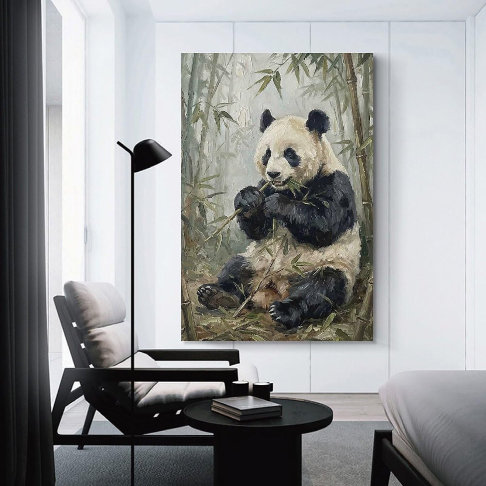 Junmoney Panda Eating Bamboo in Forest Decorative Canvas Print 24x36inch(60x90cm), for Study, Office Or Focused Interiors, Wall Art That Adds Style to Work Areas