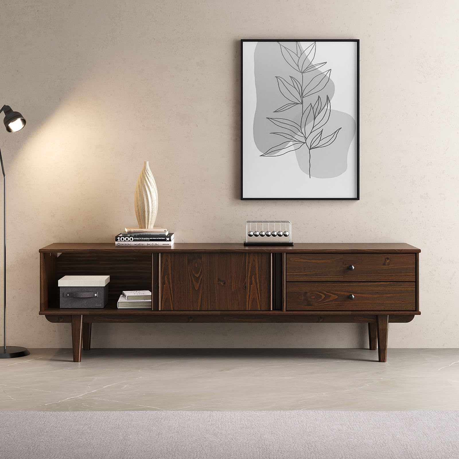 IDIMEX Lowboard Simona, 175 cm aus Massivholz, Nussbaum Finish - TV Lowboard mit 2 Schiebetüren und 2 Schubladen, Wohnzimmermöbel aus Kiefer, Flurmöbel mit viel Stauraum, Wohnzimmer Sideboard