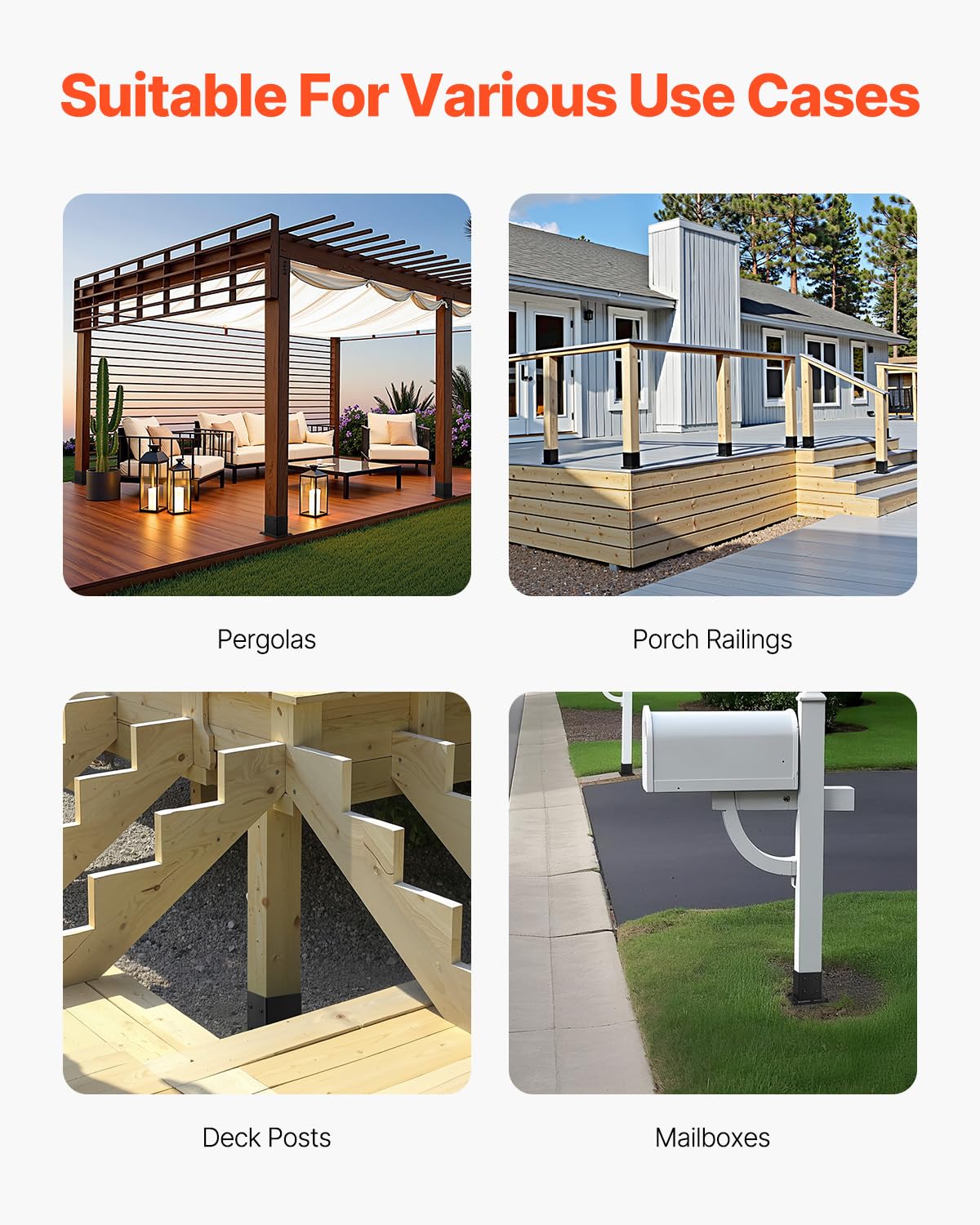 VEVOR Base per Pali 96 x 96 mm Dimensioni Interne 92 x 92 mm Staffe per Pali in Acciaio al Carbonio per Impieghi Gravosi, per Supporto Ringhiera per Gazebo, Piastra di Base per Ponte, 4 PZ, Nero