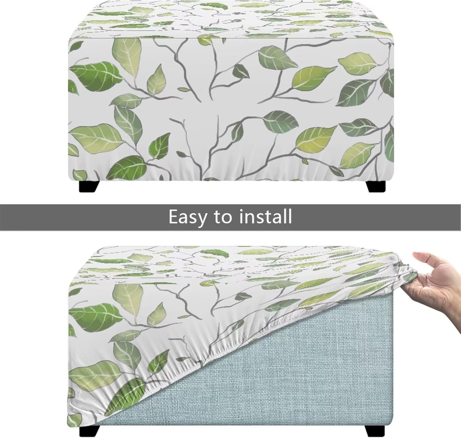 Green Leaves Ottoman Slipcovers Stretch Rectangle Footrest Stool Cover Removable Washable Storage Ottoman Cover Nonslip Furniture Protector for Living Room Decor