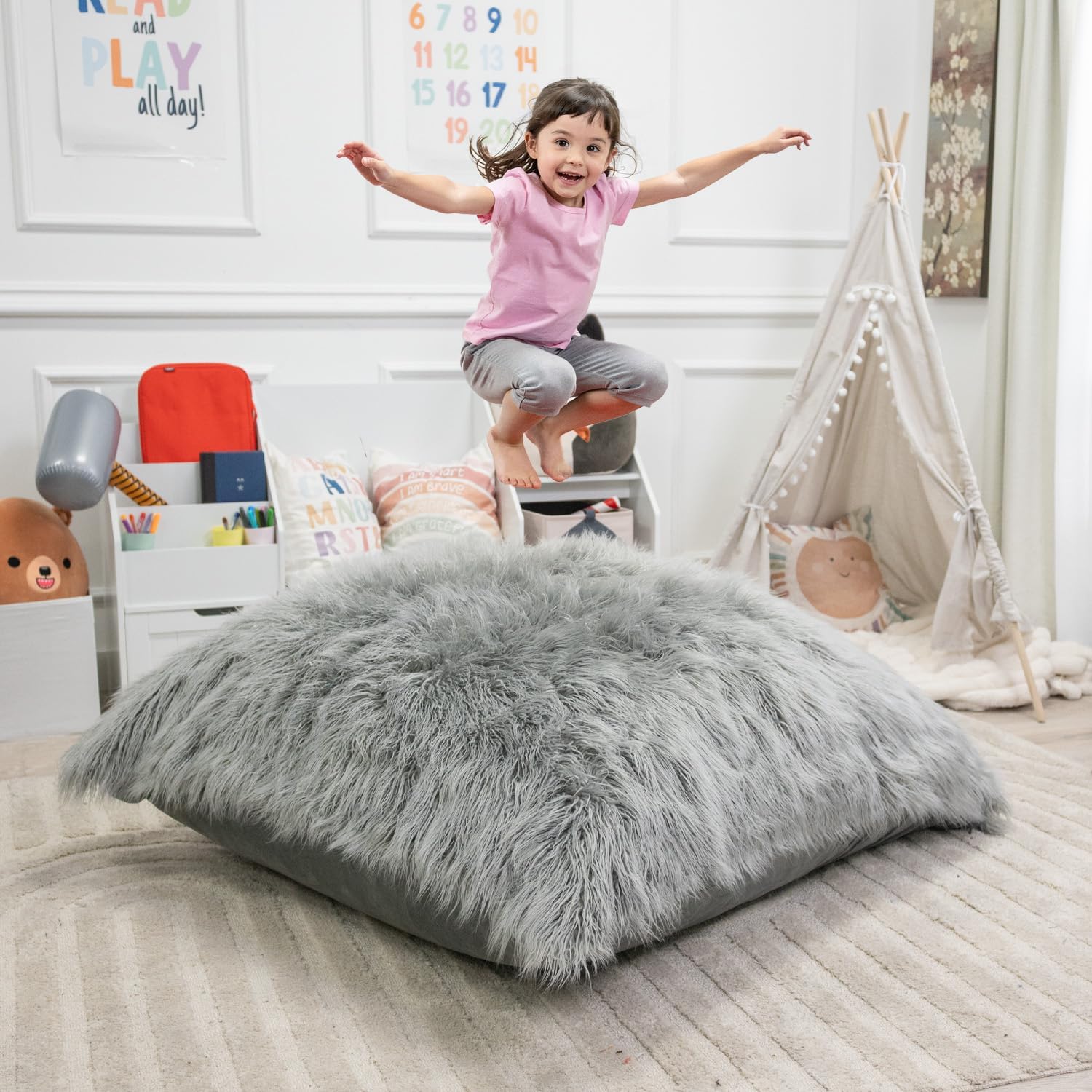 Foamma Crash Pad – (48" x 60”) Grey Long Pile Faux Fabric – Sensory Crash Pad with Foam Blocks for Autistic Kids, Soft & Washable Cover – Ideal for Kids & Adults to Jump, Play, or Relax
