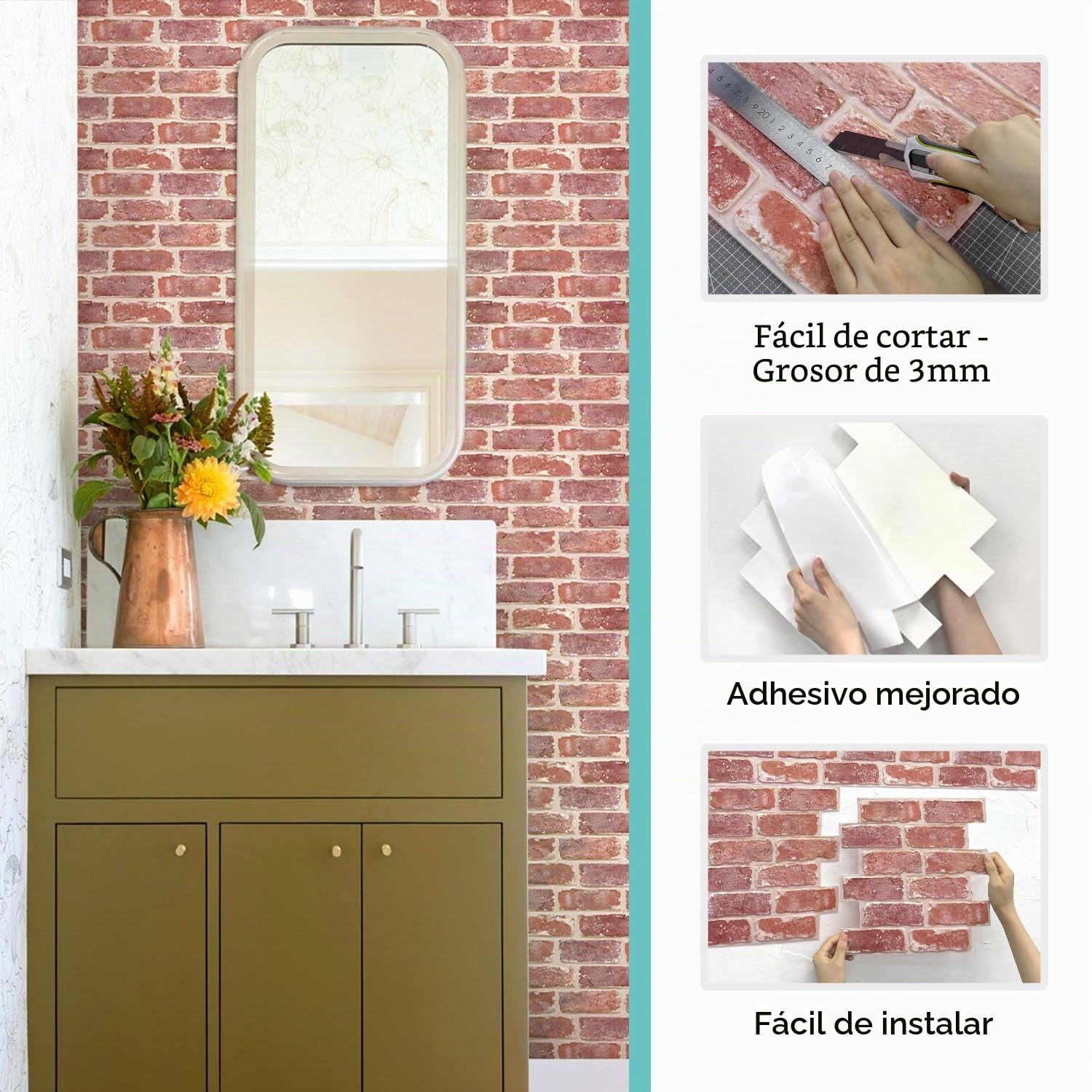 Commomy Paneles de Pared de Ladrillo 3D, Efecto Piedra, Papel Pintado Pared 3D, Autoadhesivos, PVC, 10 Piezas, 30 × 30 cm, Decoración de pared Interiores para Salón, Dormitorio, Cocina