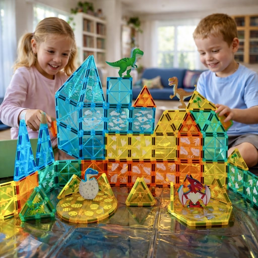 Wonder Toys STEM zestaw do budowania dinozaurów, 63 części, klocki magnetyczne 3D, zabawka edukacyjna od 3 lat
