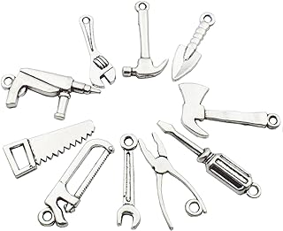 50pcs Antique Silver Tone 10 Kinds Mix 3D Tool Charm Collection Hammer Charm Wrench Charm Saw Charm Pliers Charm Tape Charm Screwdriver Charm Construction Charm (M028)