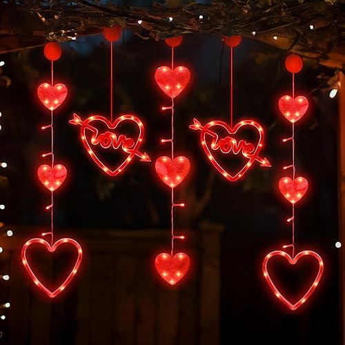 KatchOn, Luces de ventana para el día de San Valentín, paquete de 5, grandes de 31 pulgadas, luces rojas en forma de corazón con ventosa, luces de
