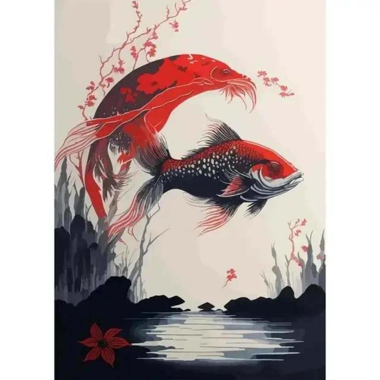 SHINERING Red Koi Fish Golden Carp With Lotus Flower Landscape Canvas Painting Wall Art Poster Prints Picture For Living Room Decor A10 21X30Cm Unframed