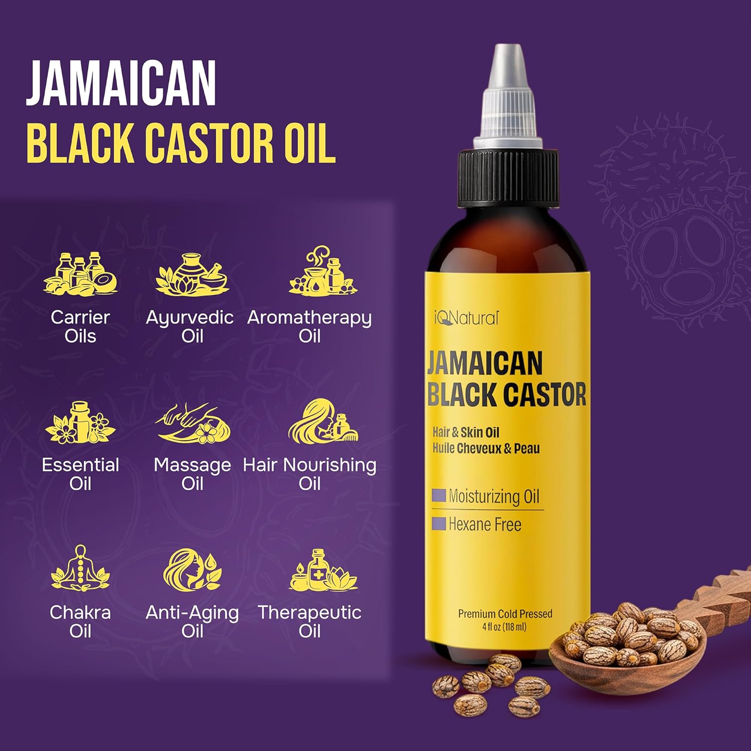 IQ Natural Jamaican Black Castor Oil for Hair Growth and Skin Conditioning, 100% Pure Cold Pressed, Scalp, Nail and Hair Oil - (2 PACK Unscented) (4oz)