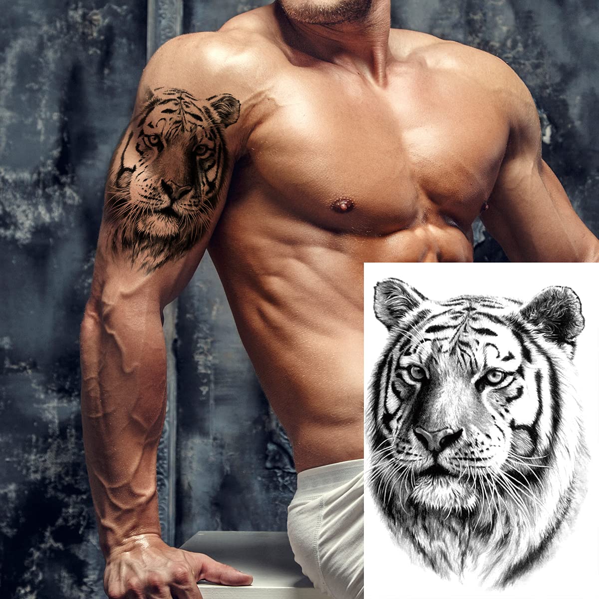 Kotbs 6 Sheets Black Tiger Temporary Tattoos for Men Women, Large 3D Realistic Tiger Tribal Tattoo Stickers for Adults Teens, Waterproof Half Arm Sleeve Tattoo Temporary Fake Tatoo