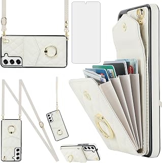Asuwish Phone Case for Samsung Galaxy S22 Plus S22+ 5G Wallet Cover with Tempered Glass Screen Protector and Crossbody Ring RFID Blocking Card Holder Cell S22+5G S22plus 22S + S 22 22+ Women Off White