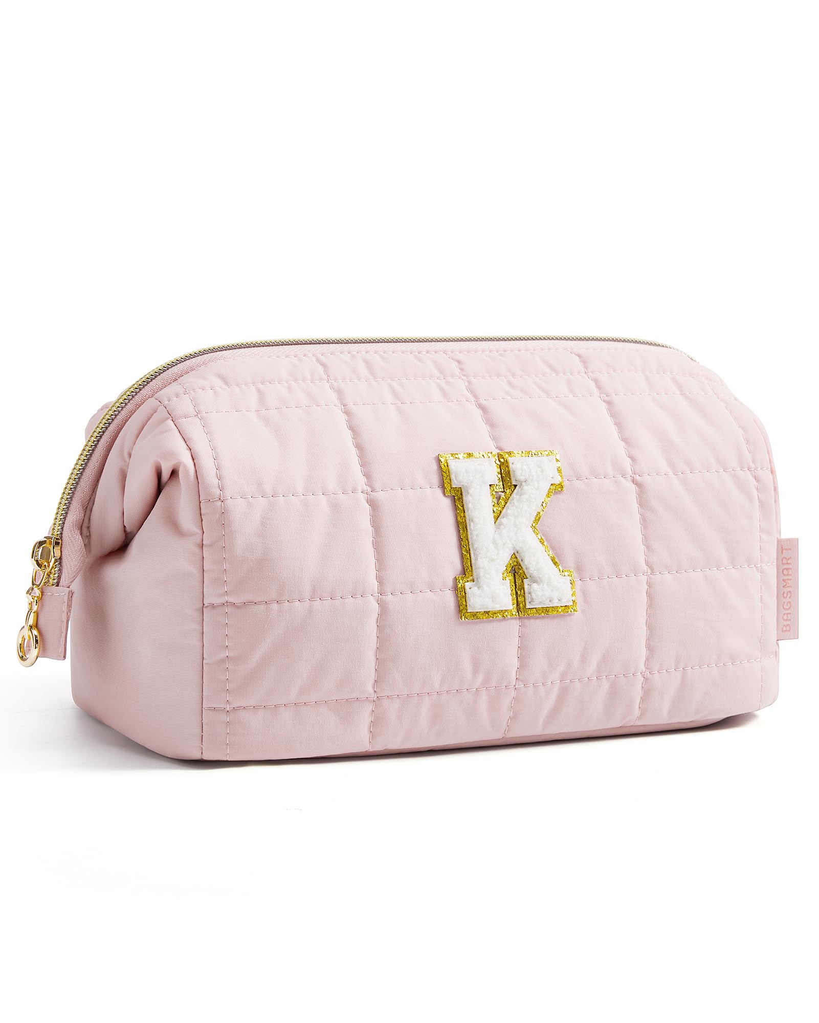 BAGSMART Birthday Gifts Personalized Initial Makeup Bag, Trendy Stuff Gifts for Women Bridesmaid Graduation, Puffy Padded Make Up Bags for Women, Wide-open Toiletry Bag, Pink K