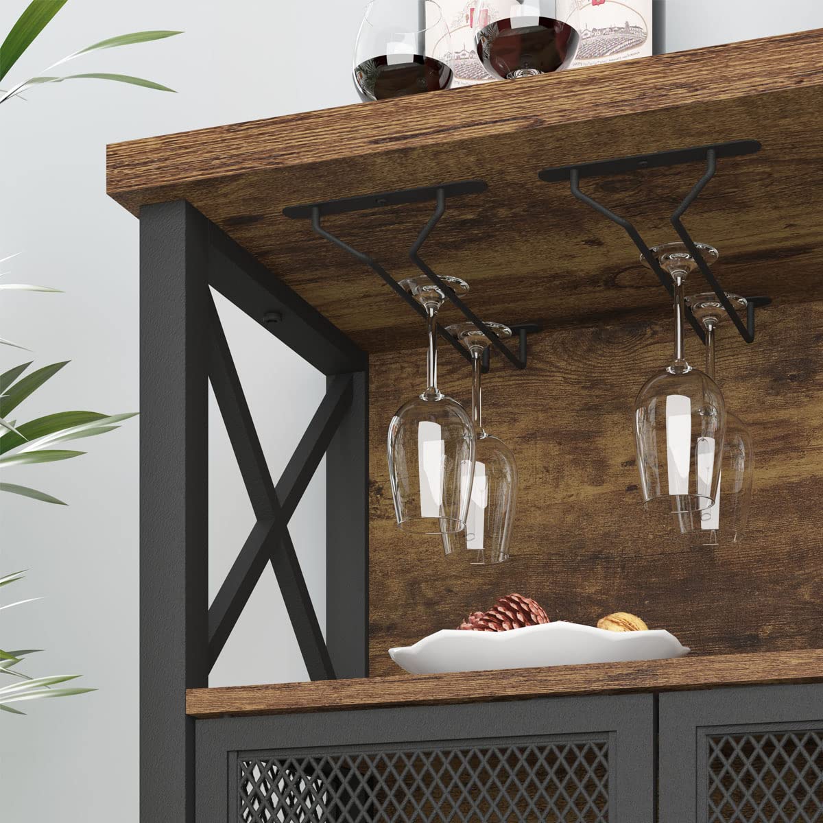 LVB Industrieller Kaffeebar-Schrank, Bauernhaus-Weinbarschrank für Likör und Gläser, Metall-Holz, Sideboard, Buffet, Likörschrank und Weinregal mit Stauraum für Zuhause, Esszimmer, Küche, rustikales