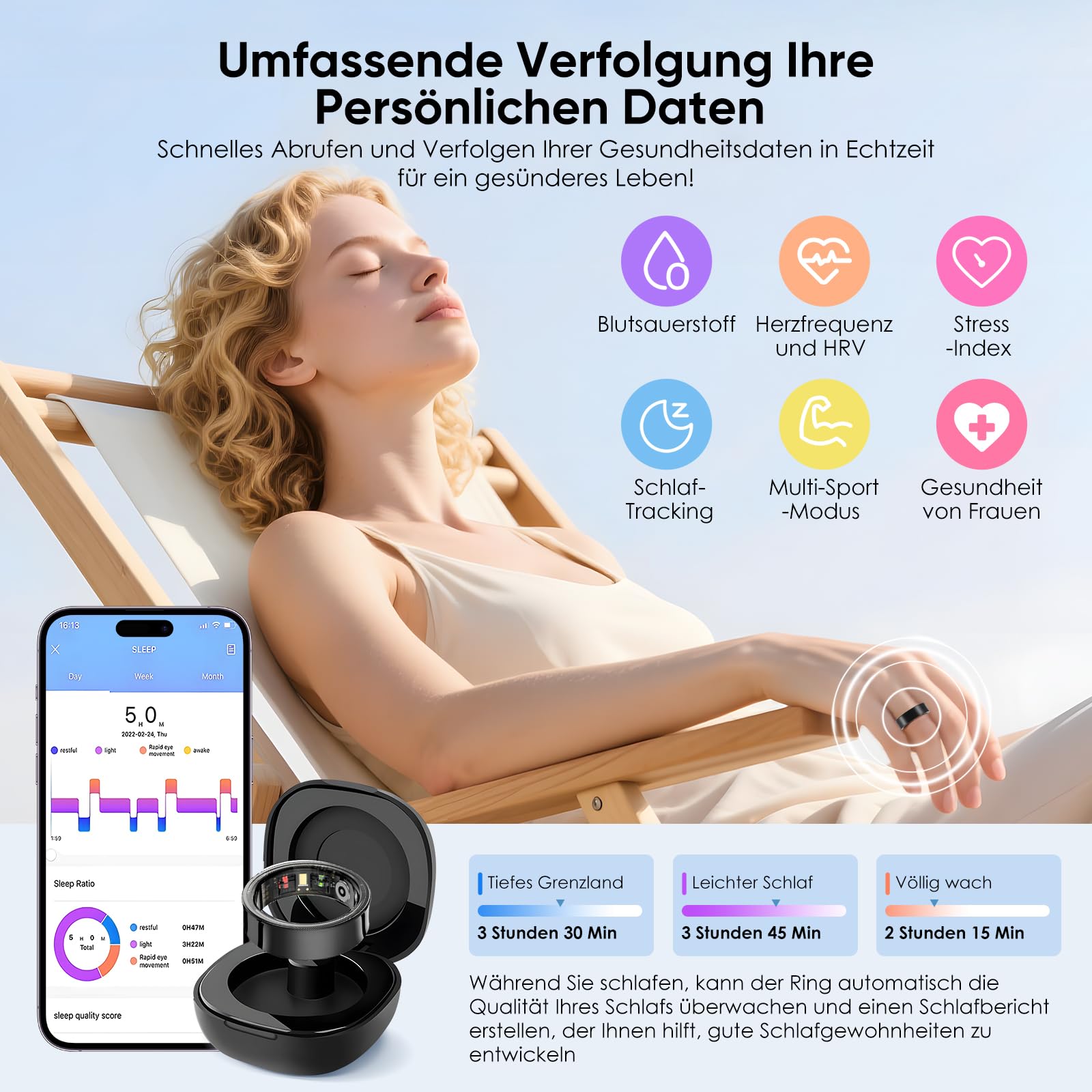 Anello intelligente per iOS/Android, anello fitness AI con cardiofrequenzimetro, misurazione della saturazione di ossigeno nel sangue, anello smart per Android iOS, impermeabile (taglia 11
