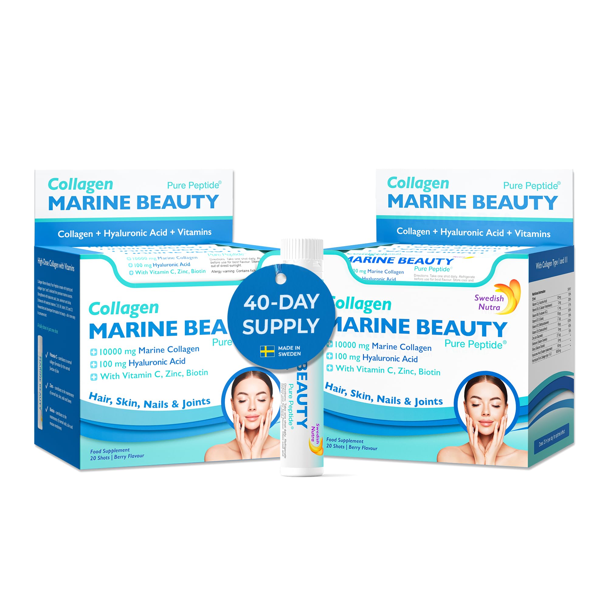 Marine Beauty Shots - 2 Boxes, 40 Day Supply I 10000 mg Hydrolyzed Marine Collagen (Type I & III) I Skin, Hair & Nails I Higher Absorption