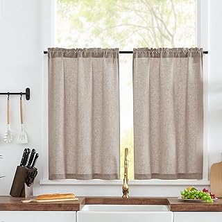 TOPICK Kitchen Curtains Taupe 24 Inch Drop Linen Curtains Cafe Style Curtains Small Window Treatment Half Flax Curtains Short Rustic Curtains Rod Pocket Light Filtering Laundry Room Basement 2 Panels