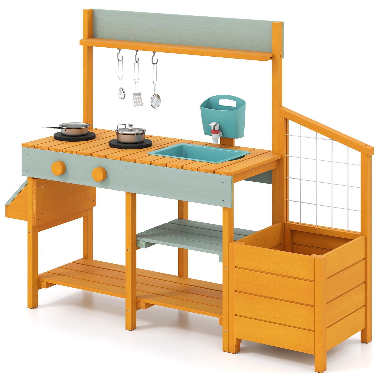COSTWAY Matschküche Kinder Outdoor, Kinderküche mit Pflanzkasten & Rankgitter, Holzküche mit Wasserfunktion, Garten Spielküche, Outdoorküche inkl. Zubehör für Kinder ab 3 Jahren (Gelb + Hellgrün)