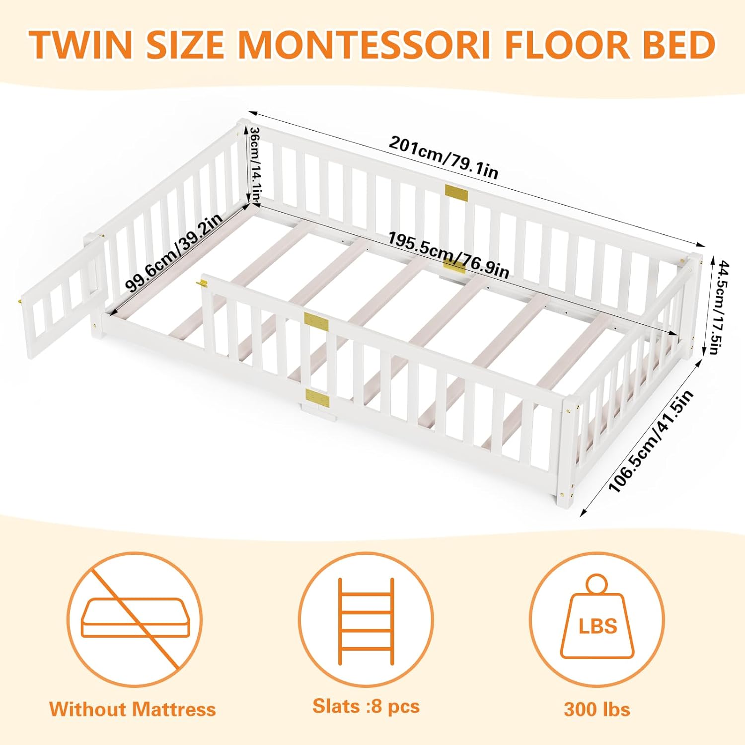 NAIZEA Twin Floor Bed for Kids-Twin Montessori Bed Frame with Wood Slats and Door and Slats, Wood Toddler Floor Beds for Girls and Boys, White White Twin