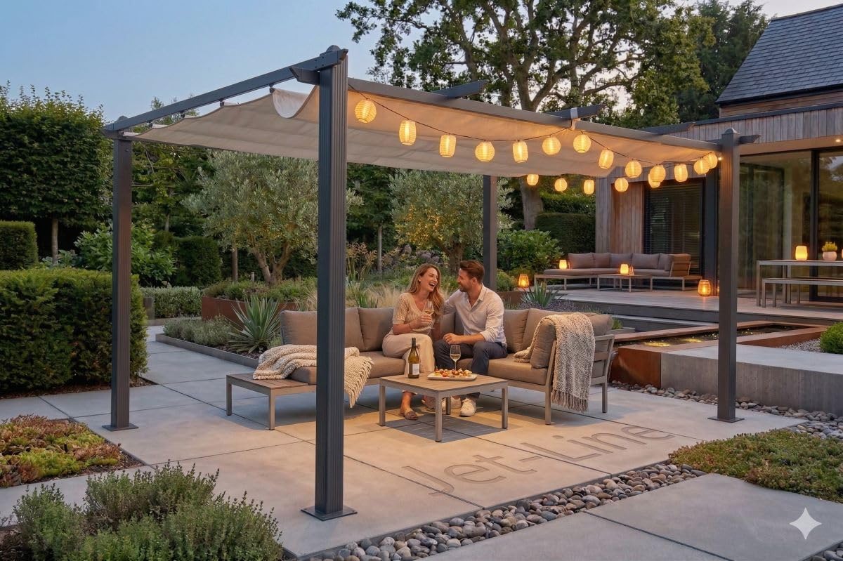 Jet-line Alu Pavillon Outdoor Luxor 4 x 3 m Pergola Überdachung Markise Garten Anthrazit-Beige Sonnenschutz UV Schutz Freisitz Stützen 10x10 cm Aluminium Polyester