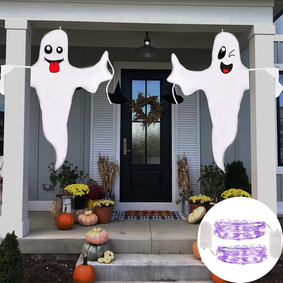2 Fantômes D'Halloween à Suspendre - Décoration Extérieure Effrayante - Facile à Accrocher