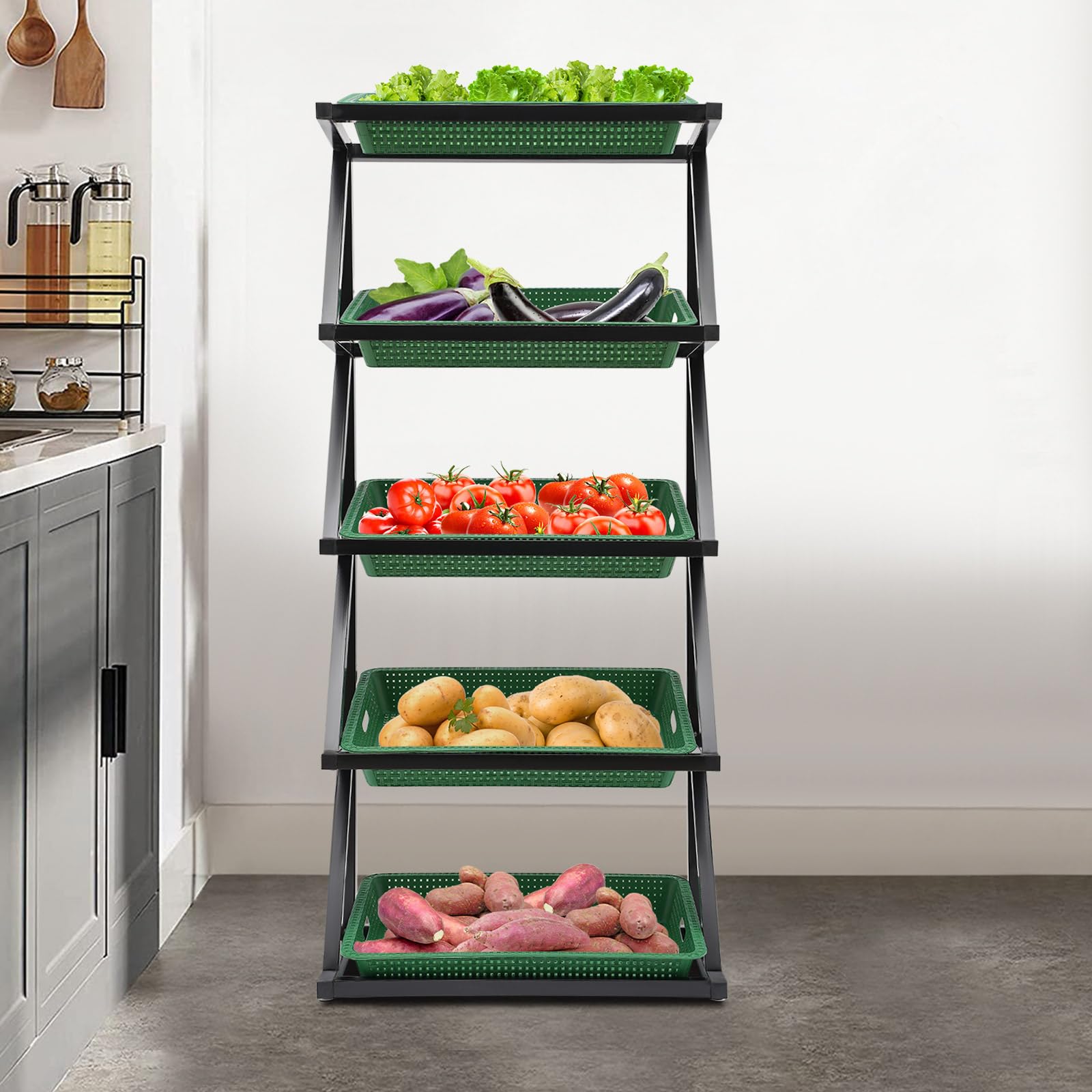RocoReny 5 Tier Retail Display Shelves with 5 Baskets, Standing Organizer Shelf Units Metal Holders Storage Rack, Freestanding Display Stand for Office Pantry Kitchen, 25.6 * 13.8 * 59in (Green)