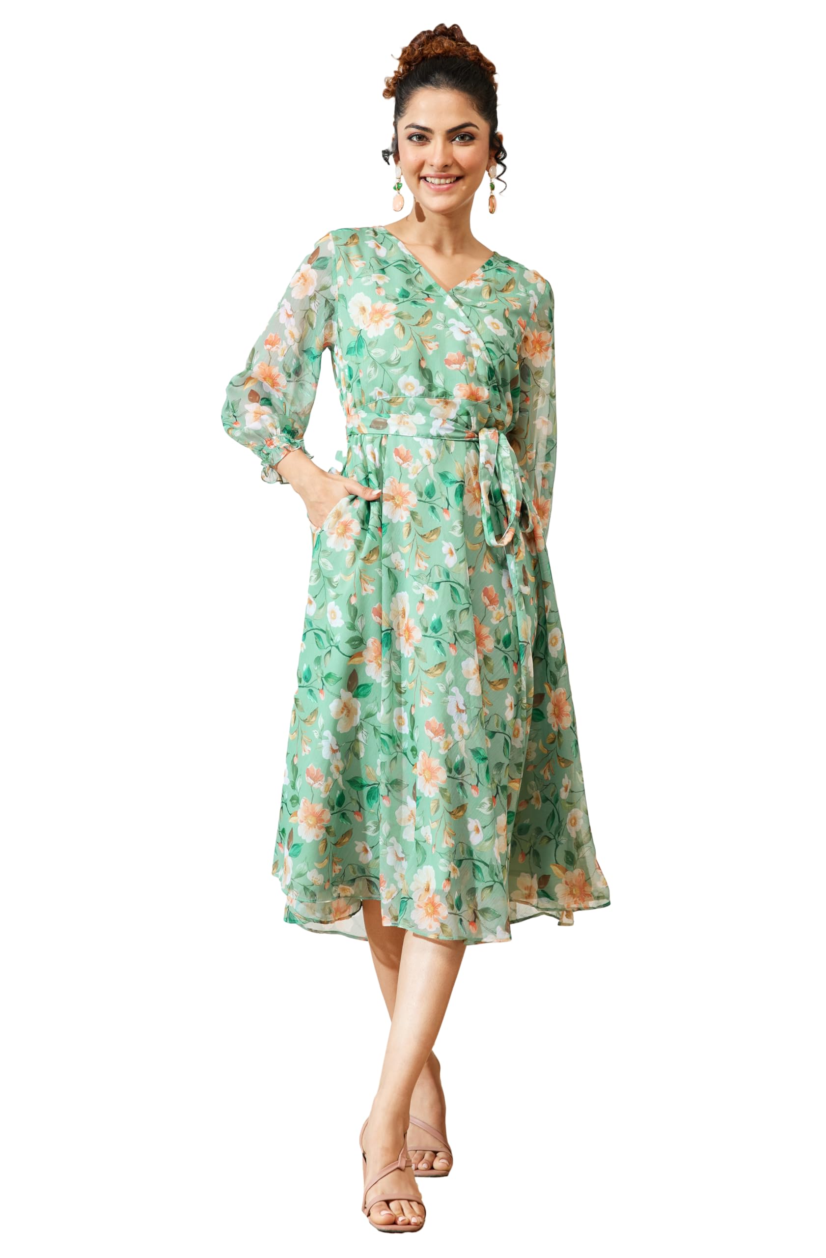 Women's Mint Green Chiffon Floral Printed Fit & Flare Dress-image-49