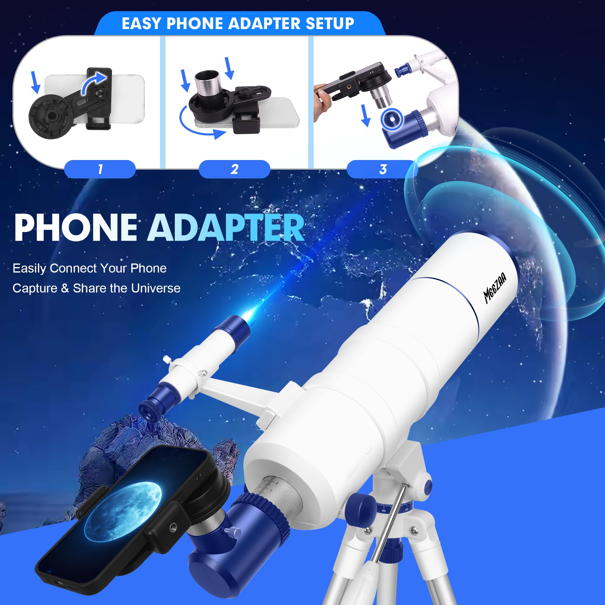 MEEZAA Teleskop, Teleskop Astronomie Profi für Erwachsene, 90mm Öffnung 550mm Astronomisches Refraktor Teleskope für Kinder & Anfänger, Tragbares Reiseteleskop mit Stativ, Mondfilter & Tragetasche
