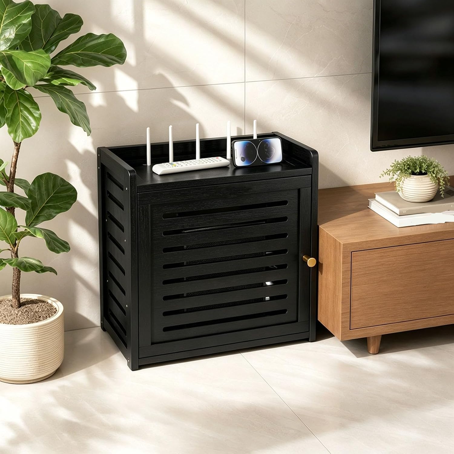 Armadio di stoccaggio del Router del bambù, scaffale di stoccaggio a Doppio Strato per L'Ufficio Domestico, Progettazione di dissipazione del Calore, organizzatore di Risparmio di Spazio Compatto per