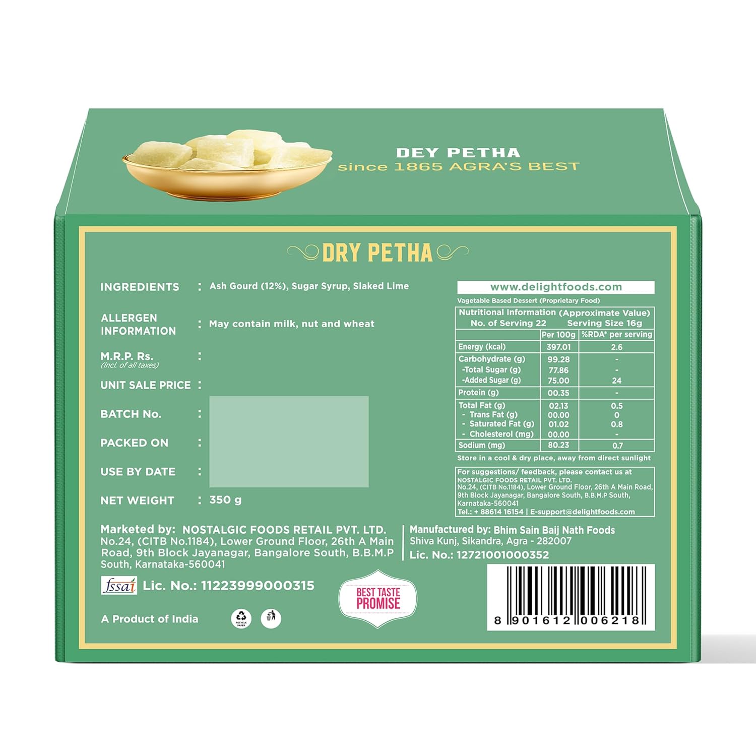 Delight Foods Original Agra Petha 350g | Indian Sweets | Mithai (Dry Petha)