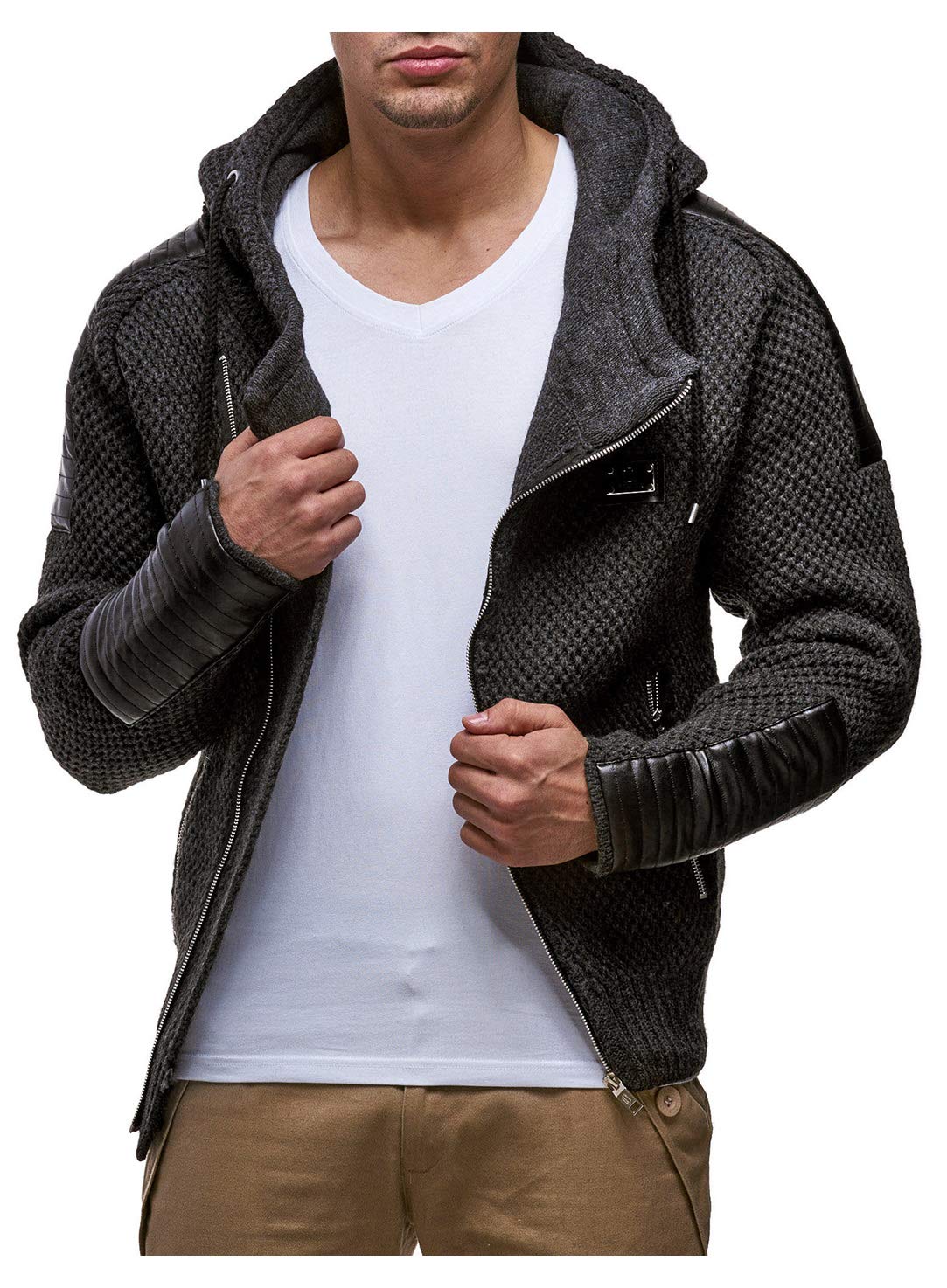 Leif Nelson Giacca da uomo a maglia con cappuccio, slim fit, giacca invernale da uomo, felpa con cappuccio a lunga seleeve, maglione invernale LN5015