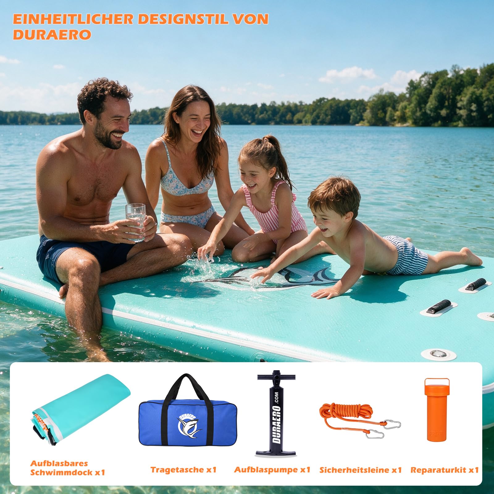 DURAERO Plataforma Flotante Hinchable 240 x 180 x 15 cm, Plataforma de Baño hasta 4 Personas, Floating Dock de PVC Drop-Stitch para Barco, Lago y Piscina, con Escalera, Bomba y Kit de Reparación