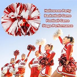 Hooshing 2PCS Red and White Pom Poms Cheerleading with Baton Handle for Team Spirit Sports Festival Dance Cheering Gift