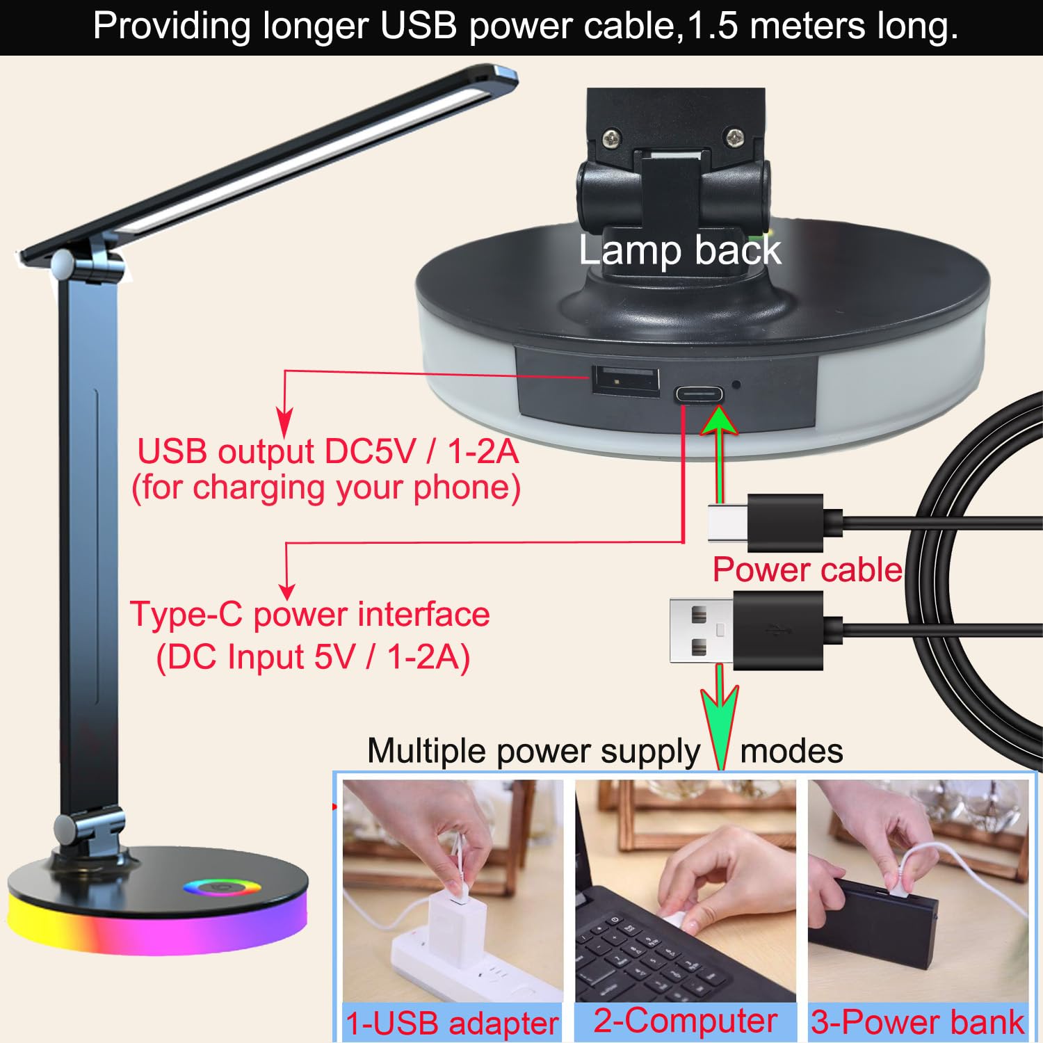 Lampada da scrivania a LED, controllo touch, porta di ricarica USB, dimmerabile continuamente, design pieghevole, luce per la casa, camera da letto, studio, bambini, nera