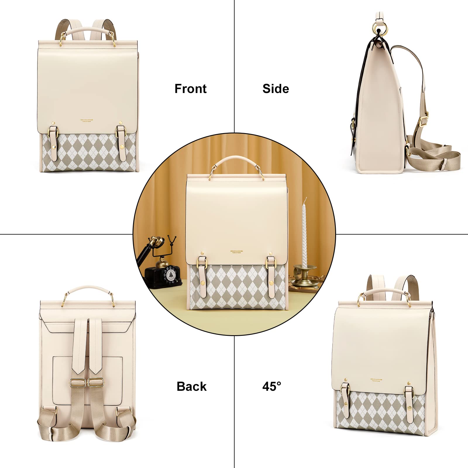 Cnolés - Mochila de piel para mujer, elegante, impermeable, para mujer, antirrobo, para mujer, mochila de piel antirrobo, para mujer, para ordenador portátil, Beige-3268, large, Elegante