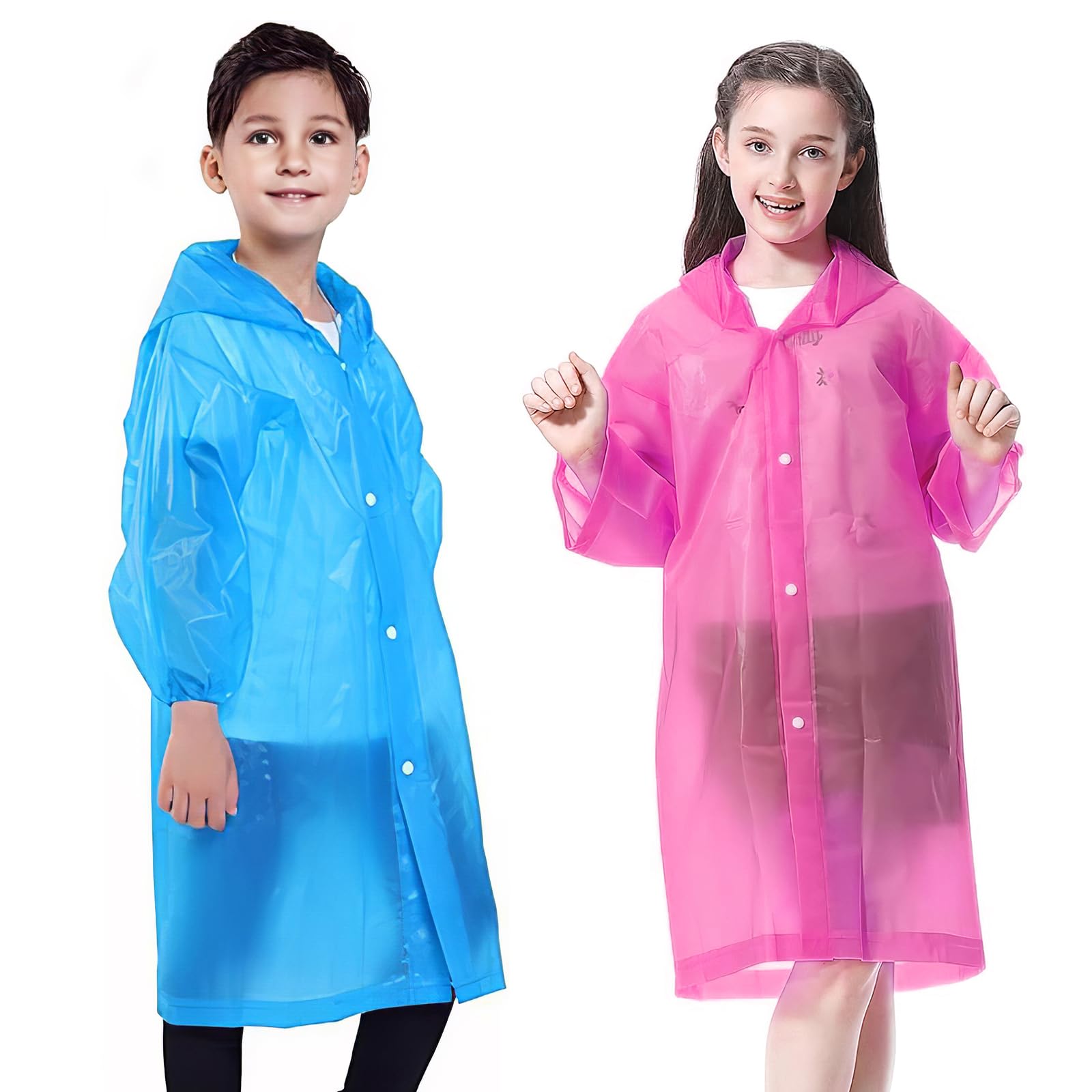 EOPUOZS 2 Stück Regenponcho Kinder, Wasserdicht, Wiederverwendbar Regencape, Atmungsaktiv Regenmantel mit Kapuze für Mädchen Jungen Reisen, Wandern, Camping und Radfahren （Blau+Rosa