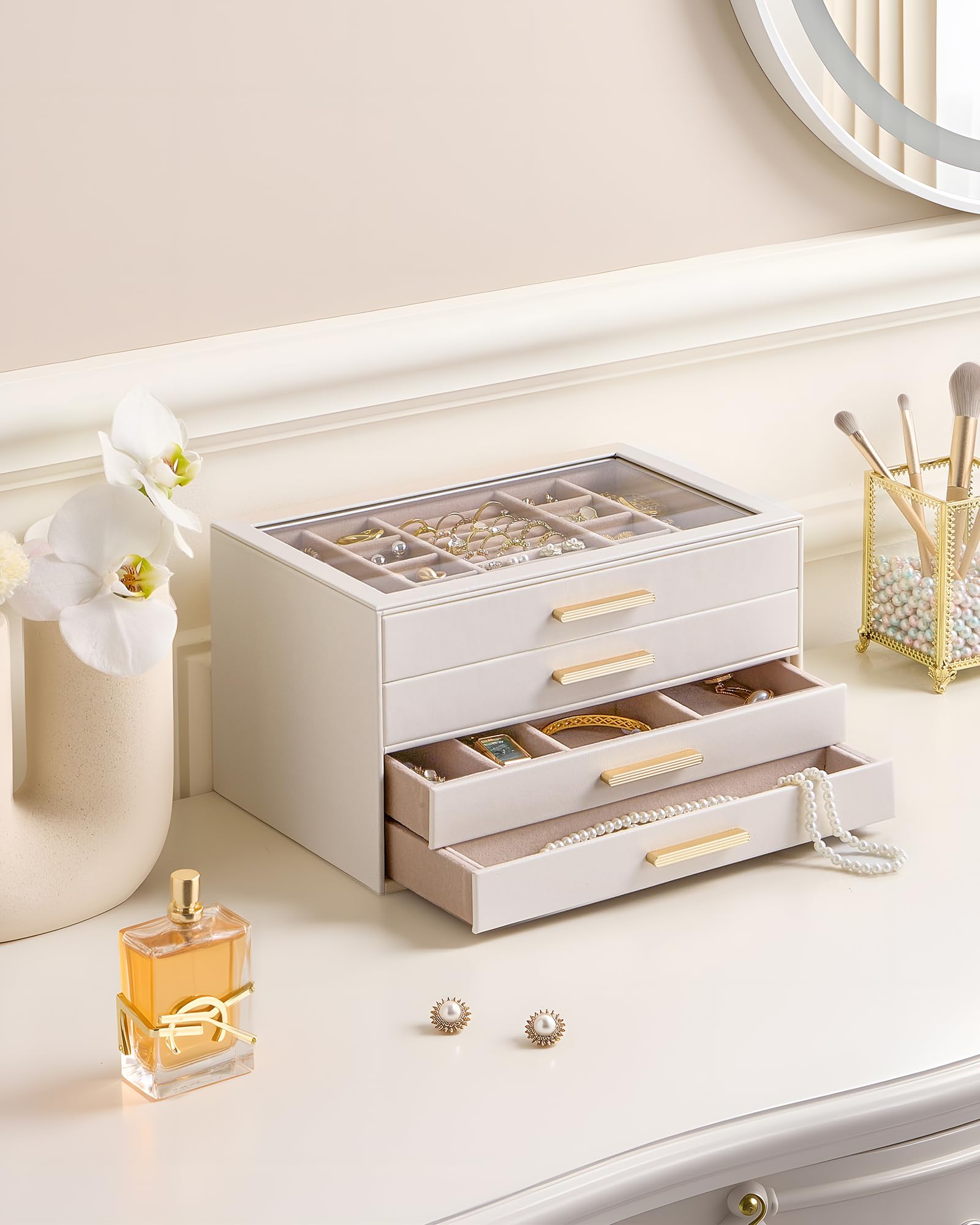 Caja Organizadora de Joyas 4 Niveles con Tapa de Vidrio, Joyero para Anillos Pendientes Pulseras Collares, Estuche Almacenamiento Mujer, Beige